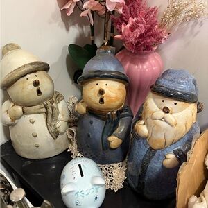 Charming Snowman Figurine Set - Blue, Cream, Tan